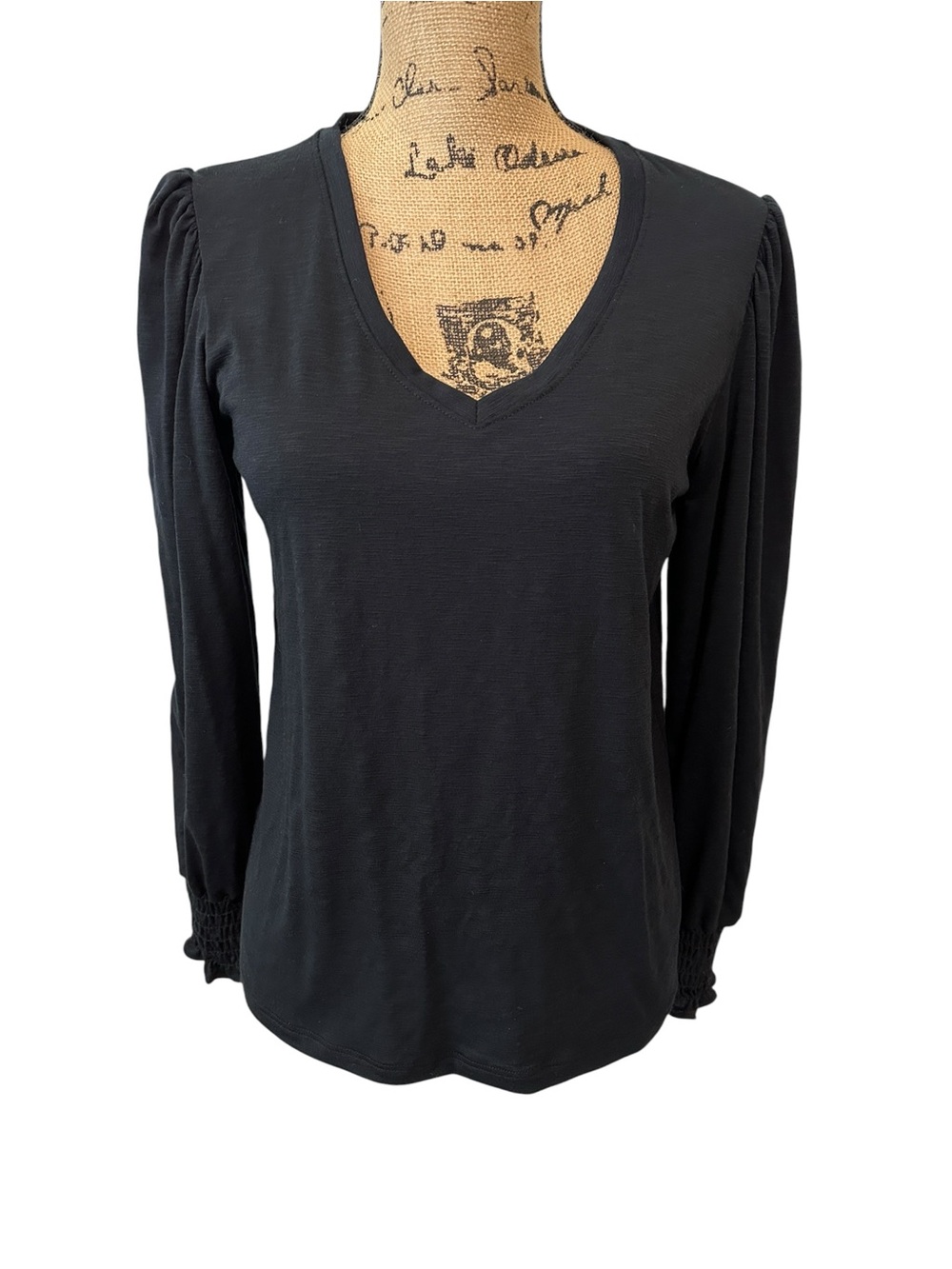 Women's Black V-Neck Long Sleeve Top with Smocked Cuffs